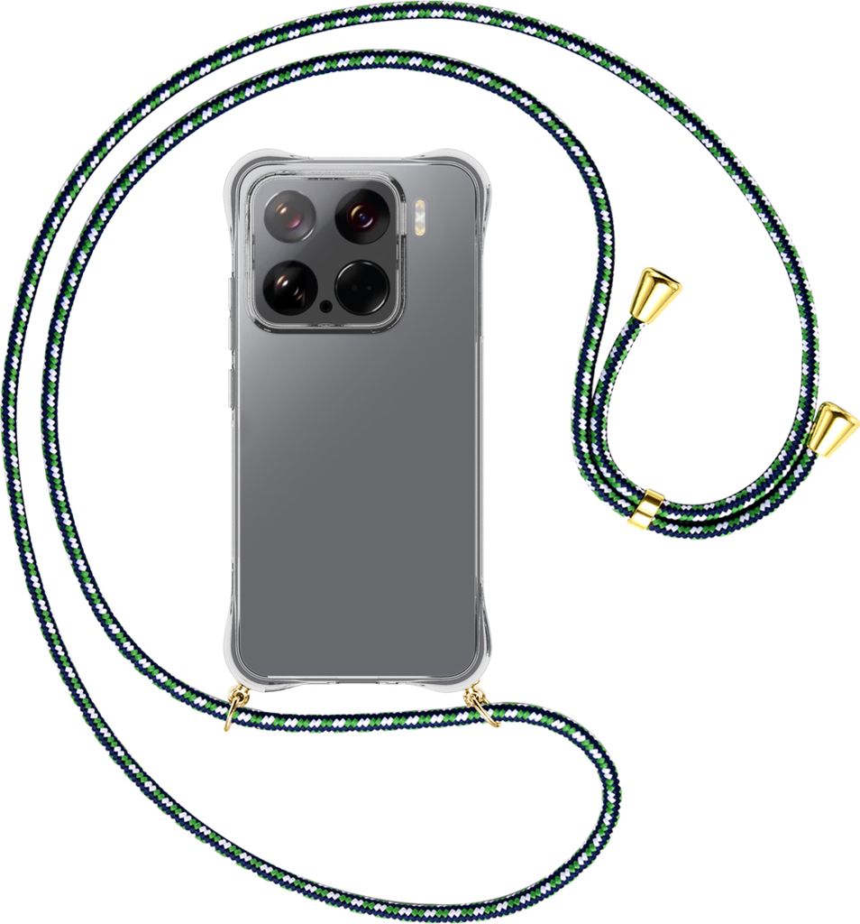Handykette Backcover-Schutzhülle mit Band (Metall goldfarben) für Xiaomi 15 5G - grün/blau/weiß