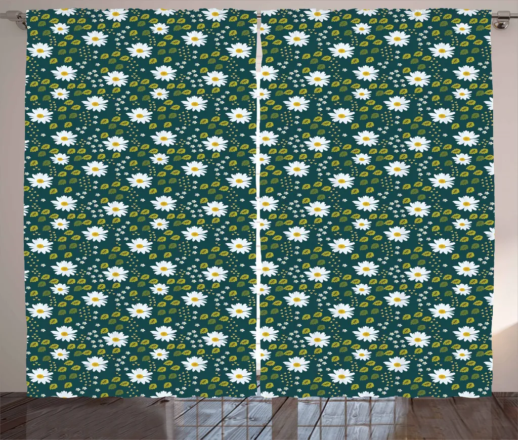 ABAKUHAUS Margherite Tenda rustica, ornamento in stile naturale, tenda con passanti e ganci per camera da letto, 280 x 245 cm, blu petrolio e bianco