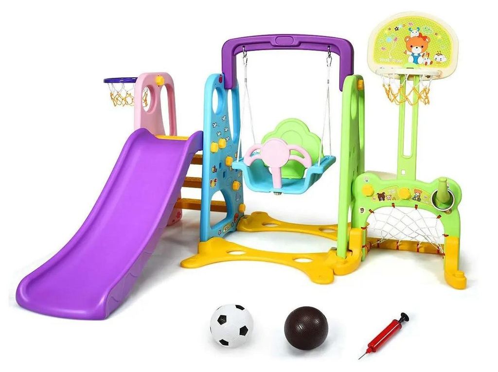 Kinderrutsche mit Schaukel - 6-in-1 Spielset - Basketballkorb - Fußballtor - Wurfspiel - Schreibtisch - Alter 6–12 Jahre