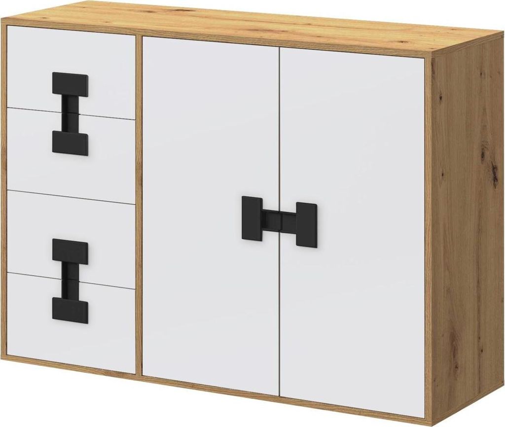 MIRJAN24 Kommode Index 08, Standschrank für Jugendzimmer, Schubladenkommode, Kinderzimmer (Farbe: Eiche / Weiß + Schwarz)