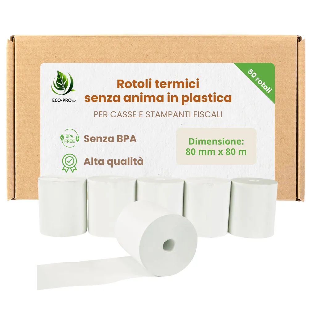 ECO - PRO PAP - Rotoli termici senza anima in plastica 80 mm x 80 m, rotolo per registratori di cassa in carta termica senza BPA, destinato a registratori di cassa e stampanti fiscali - confezione da 50 pezzi