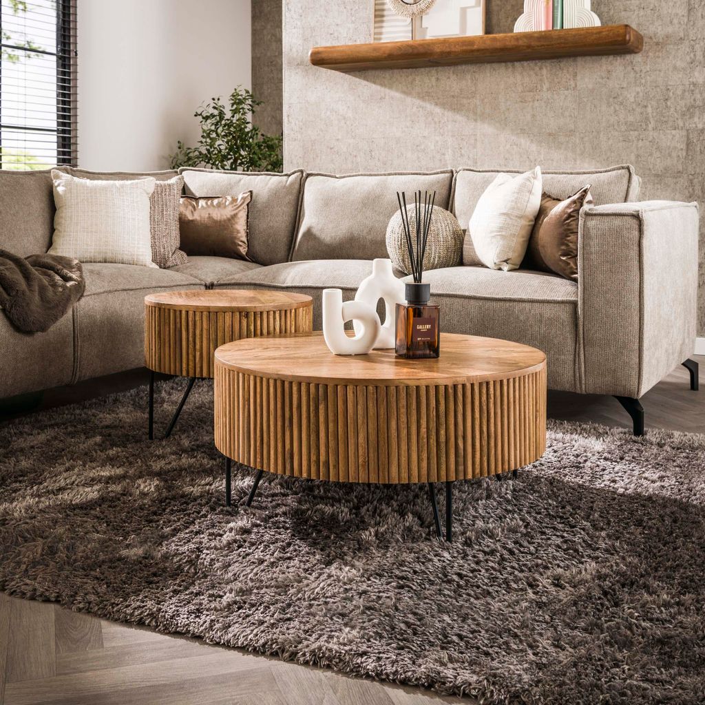 Couchtisch Wave rund Set aus 2 / Massiv Mango sand Produktbild 