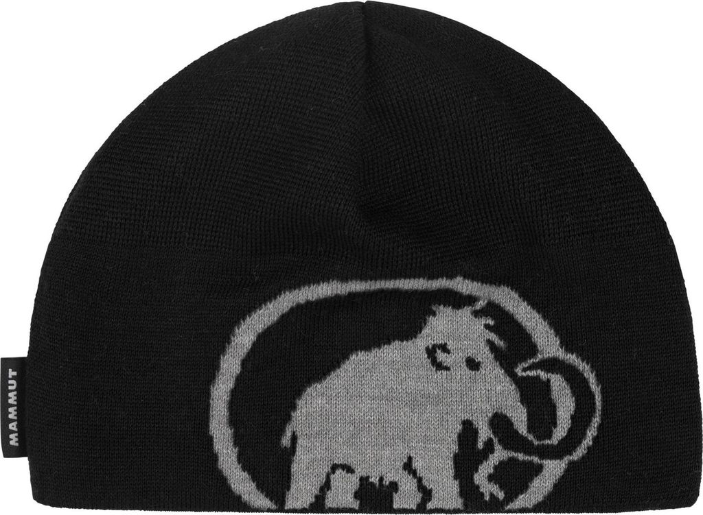 A black beanie with a gray mammoth logo and brand name.