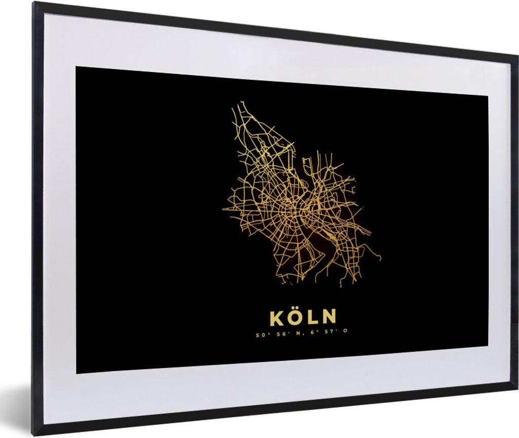 MuchoWow Gerahmtes Poster Köln - Karte - Gold - Stadtplan 60x40 cm - Poster mit Schwarzem Bilderrahmen Wandposter Rahmen Foto Bilder - Schlafzim...