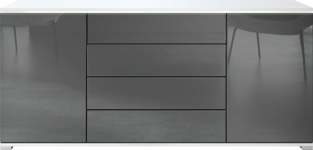 Vladon Sideboard Faro V2 - Kommode mit 2 Türen & 4 Schubladen, Schrank mit LED Lichtleiste, Weiß matt / Grau Hochglanz (166,5 x 75,5 x 35)