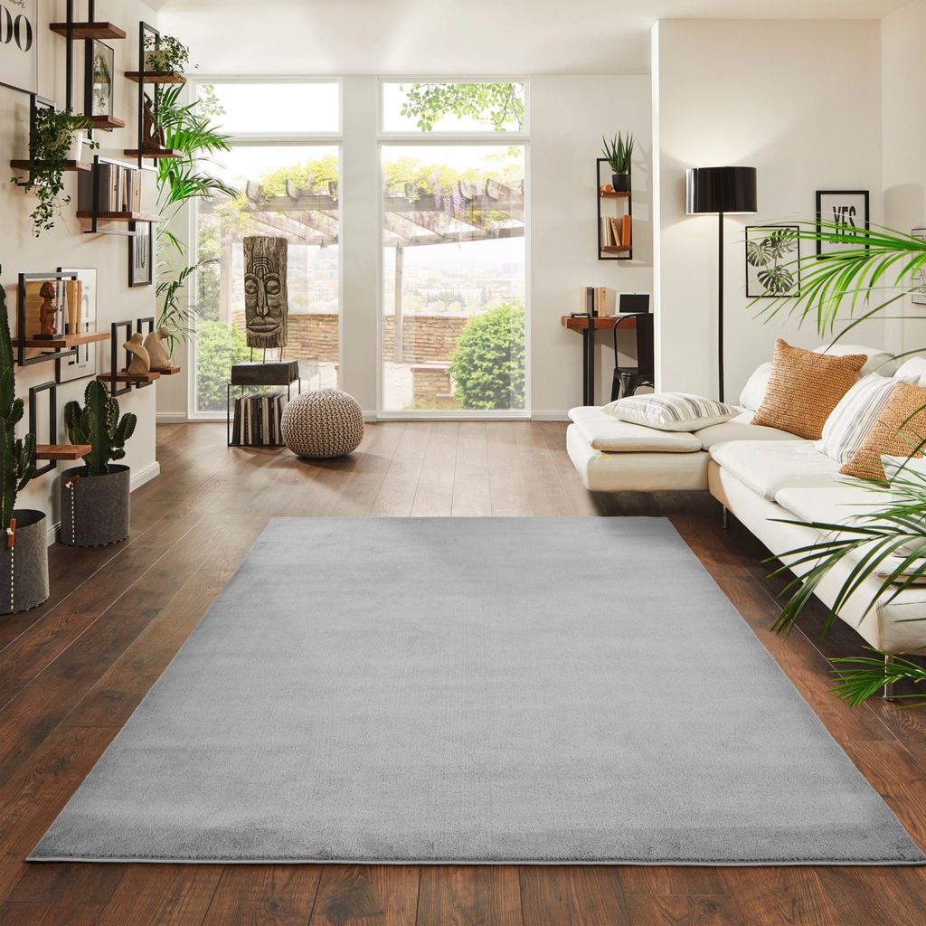 Jimri Flauschiger Teppich Läufer Hochwertige Kurzflor Teppich für Wohnzimmer Maschinenwaschbar, Rutschfester Teppich Waschbar, Silber, 140x200 cm