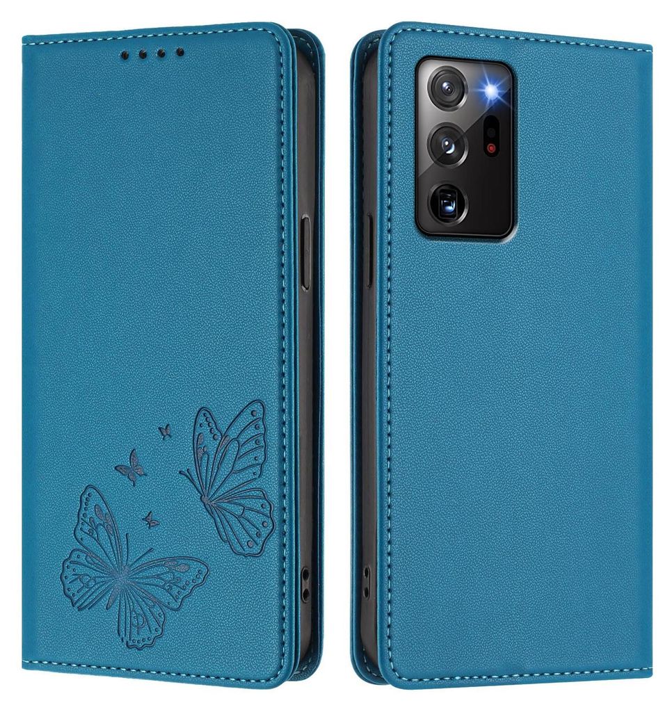 Lederhülle für Samsung Galaxy Note 20 Ultra, Schmetterling Prägung Leder Brieftasche Schutzhülle mit Ständer Blau