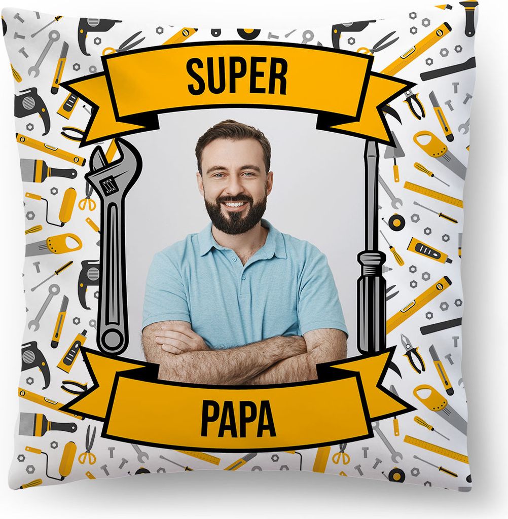 Personalisiertes FOTOGESCHENK, 45 x 45 cm, mit eigenem Foto, Foto-Kissen Geburtstag Vatertag, Super Papa, mit Füllung [091]