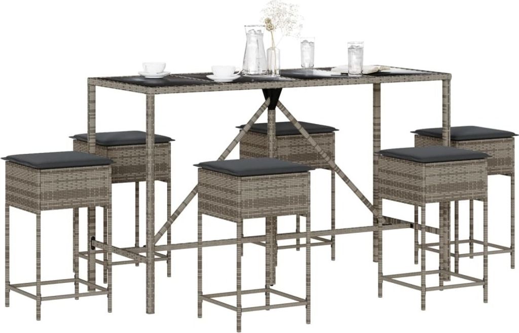 CLORIS 7-tlg. Gartenbar-Set mit Kissen Grau Poly Rattan - Gartenmöbelgarnituren 3261474