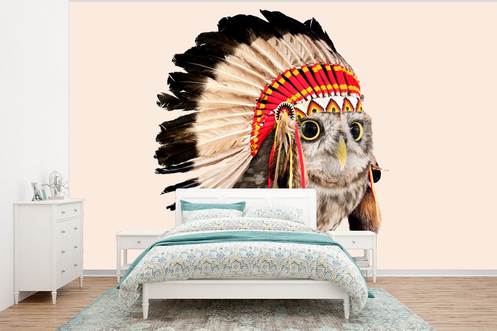 MuchoWow Fototapete für Wohnzimmer oder Schlafzimmer Wandtapete Vinyl Motivtapete Eule - Indianer - Federn - Tiere - 350x260 cm - Wohnzimmer-Tapete