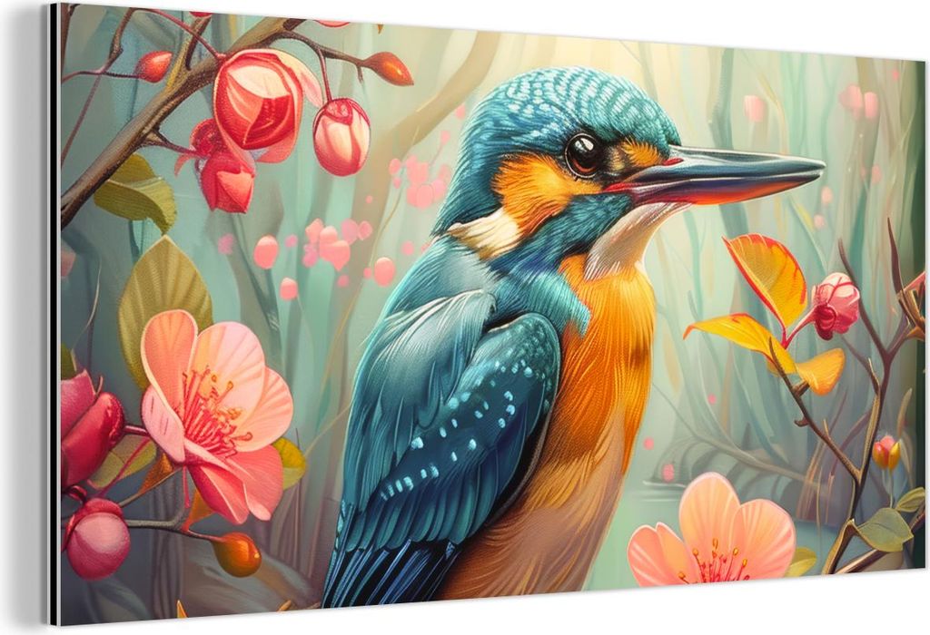 MuchoWow Wanddekoration Metall Metallbild Wandkunst 40x20 cm Eisvogel - Blüte - Natur - Vögel - Blumen MuchoWow Aluminium Gemälde - Bild - Alumi...