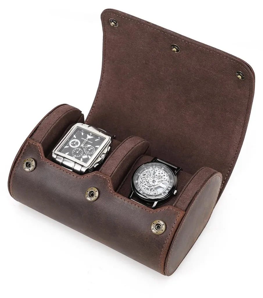 Écrin montres anti-rayures en cuir véritable 2 places couleur café