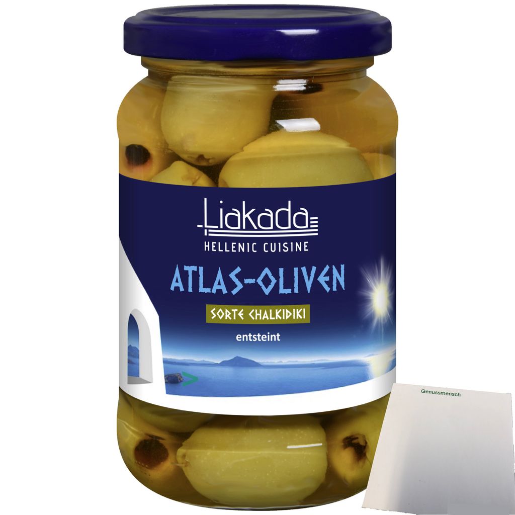 Liakada Atlas-Oliven Sorte Chalkidiki Entsteint (170g Glas) + usy Block