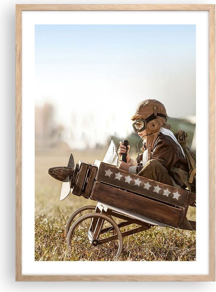 Gerahmtes Poster - Rahmen in heller Eiche - Kindheit Flugzeug Spielzeug - 50x70 cm - Wand Bild - Wanddeko - Wandbilder - Kunstposter - Wandposter -...