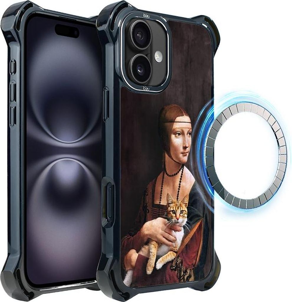 Schutzhülle für das iPhone 16, MagSafe-kompatibel, verstärkte Ecken, schwarz, Katze, Motiv aus einem Gemälde von Leonardo da Vinci