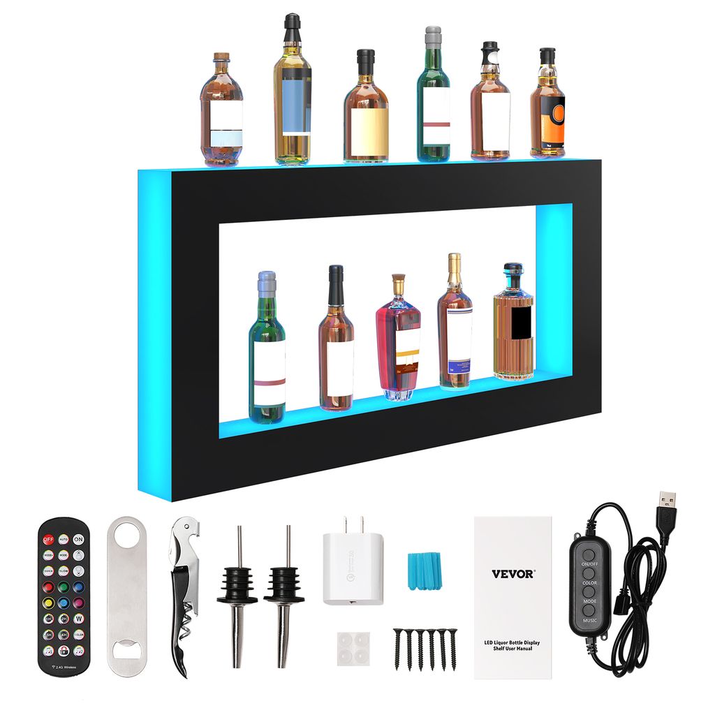 VEVOR Barregal Weinregal, LED-beleuchtetes Hausbarregal mit RF-Fernbedienung und App-Steuerung, 2 stufiges Getränkebeleuchtungsregal aus Acryl, 12...
