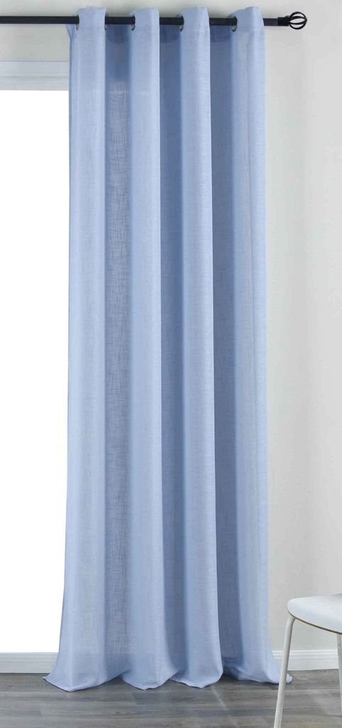 A light blue curtain hanging from a rod.