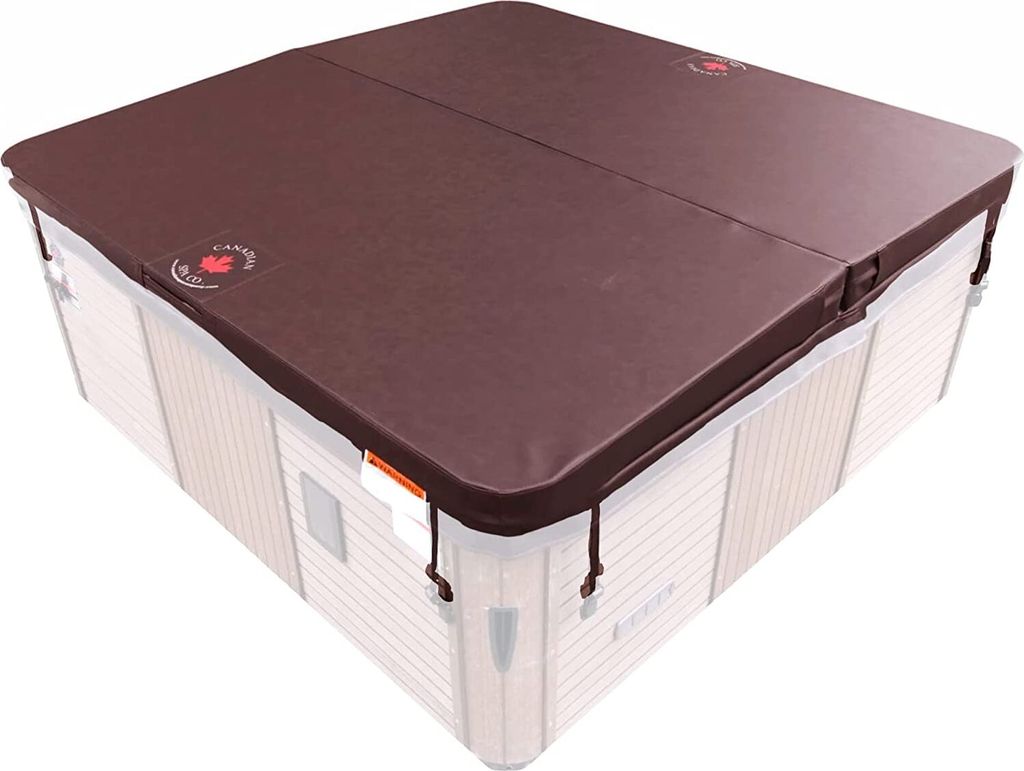 A brown insulated cover for a hot tub, shown from a diagonal top-down view.
