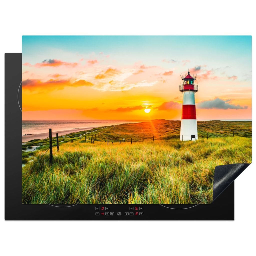 KitchenYeah Herdabdeckplatte Leuchtturm - Natur - Sonne - Landschaft - Gras - Strand - Meer , 71x52cm, Küche Deko, Glaskeramikkochfeld Herdabdec...