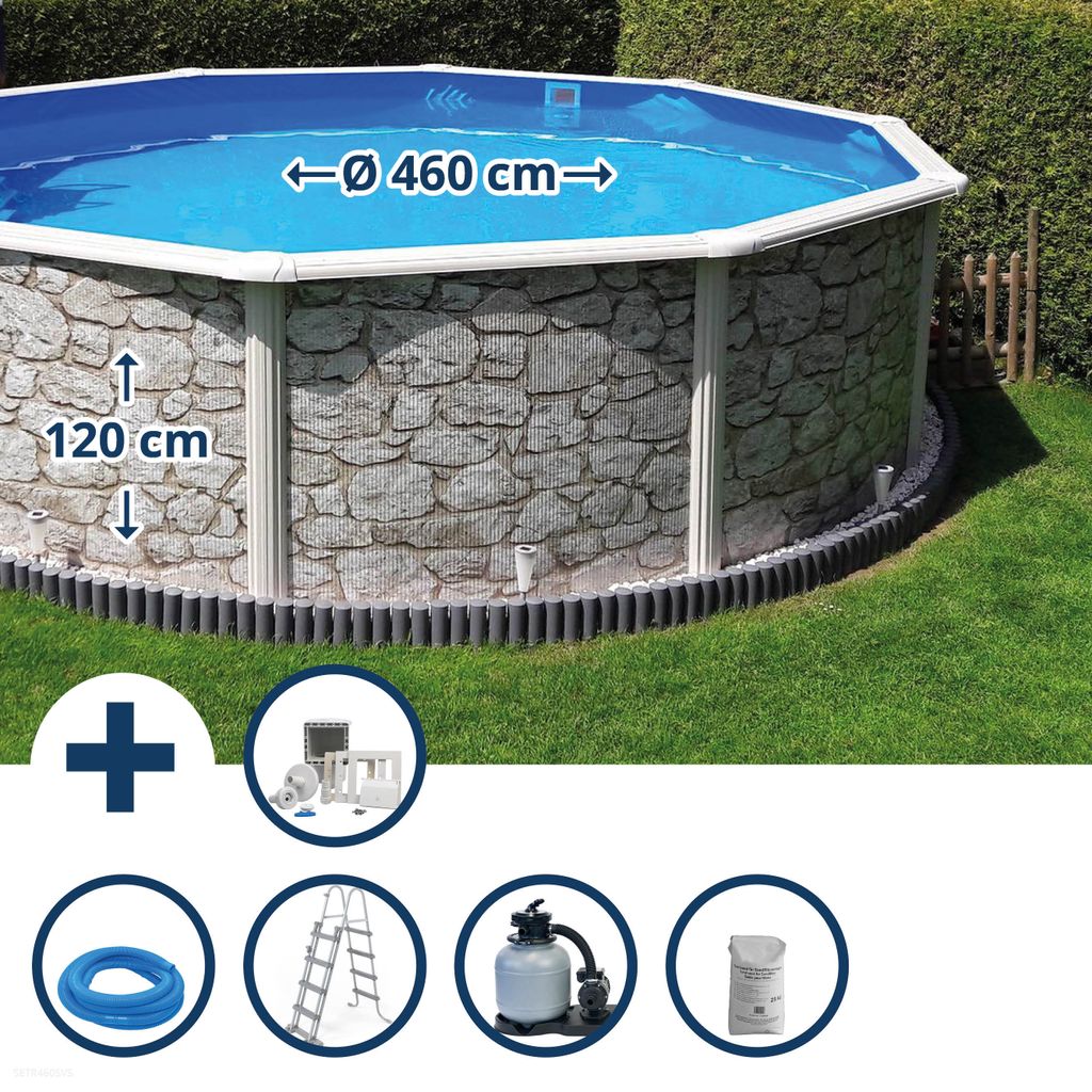 Stahlwandpool Set (6-teilig) hoch rund 460 x 120 cm, Stahl 0,45 mm Steinoptik Folie 0,3 mm blau