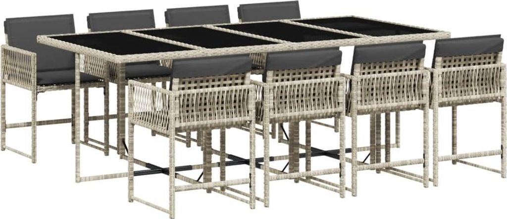 9-tlg. Garten-Essgruppe mit Kissen Hellgrau Poly Rattan