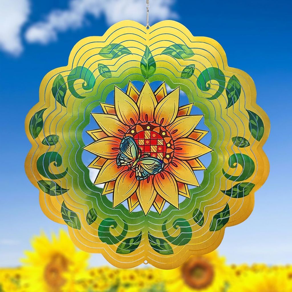 Windspiel für den Garten, 3D-Hängewindspiele, Sonnenblume Ornament 30 cm große kinetische Windskulptur aus Metall für Außen- und Innendekorati...