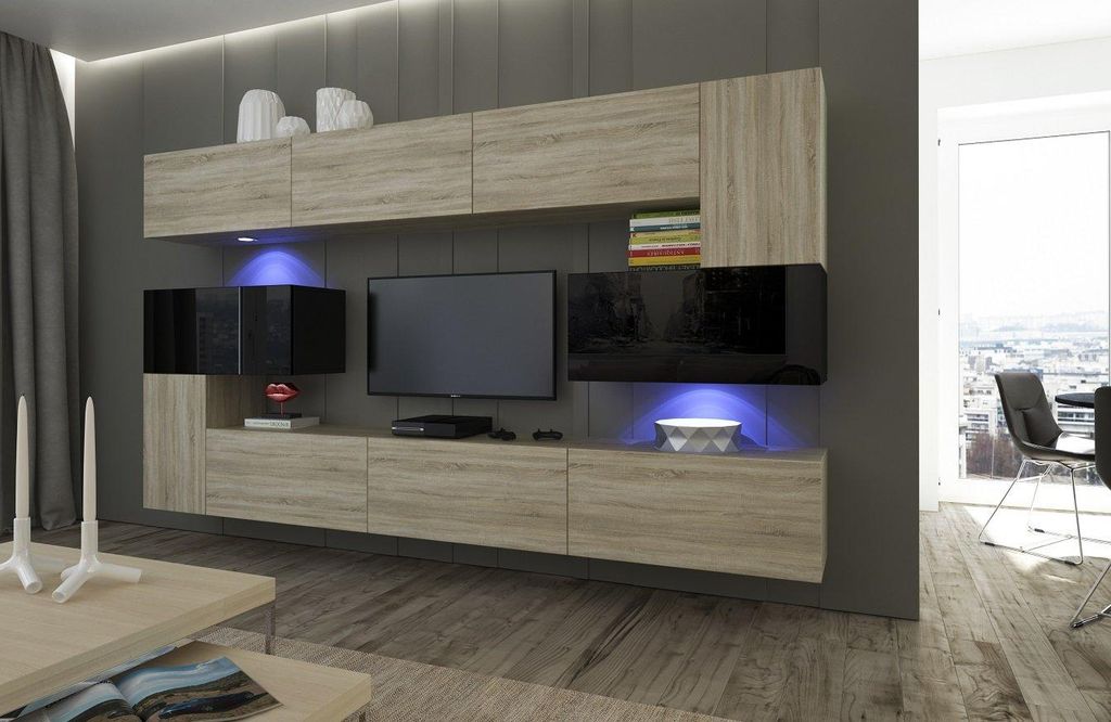Furnitech Wohnwand Wohnzimmer - Hängend Wohnwand Modern - Regale und TV Schrank - Wohnzimmer Möbel ohne LED (Albania AN3-17SB-HGM40 1A)
