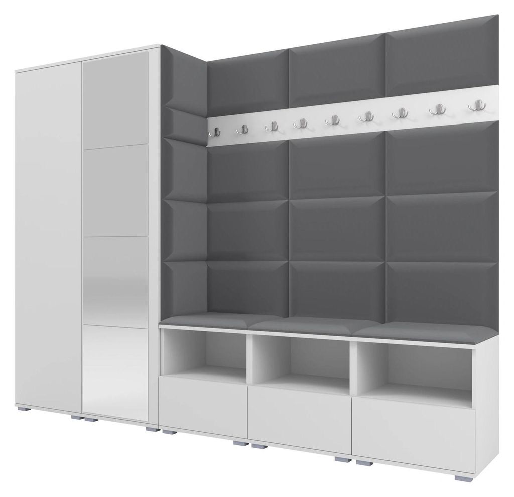 Garderobe NELA VII 250 cm Modulare Flurmöbel XL Weiß mit Spiegel & Sitzpolster Dunkelgrau 15 (Universell)