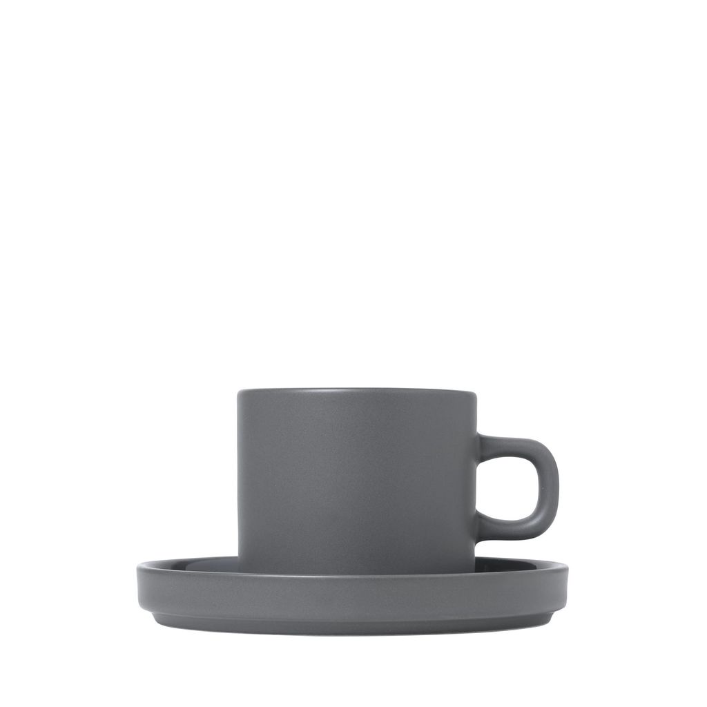 Blomus Pilar Set 2 Kaffeetassen mit Untertasse, Tasse, Becher, Henkelbecher, Keramik, Pewter, 200 ml, 63974