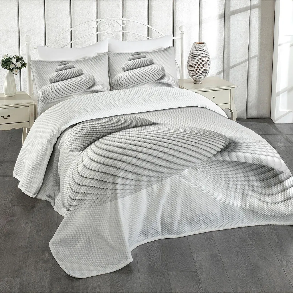 Set copriletto ABAKUHAUS Spiers, forma a conchiglia con scomparto disposto in spirali geometriche astratte, immagine macro del modello, 220 x 220 cm, bianco