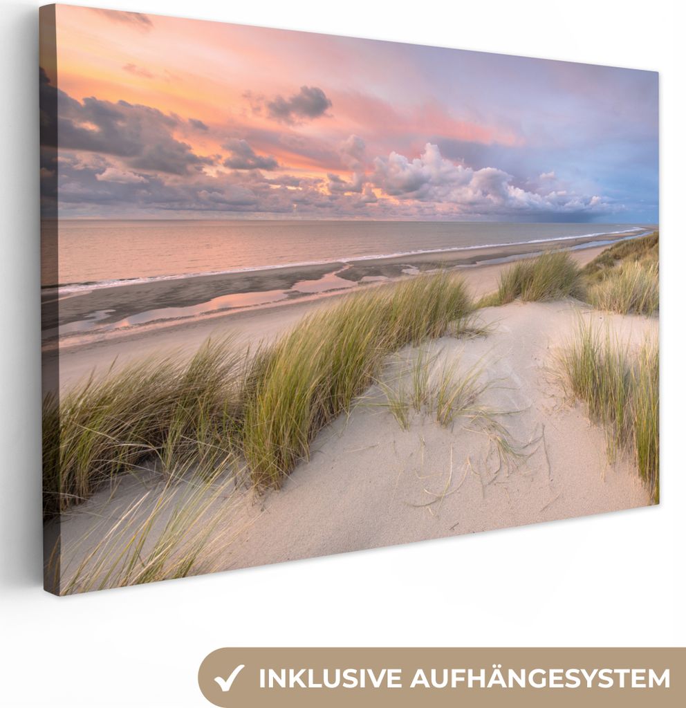 MuchoWow - Leinwandbilder - Strand - Meer - Dünen - Niederlande - Rosa, Wandbild, Wanddeko Bilder Wohnzimmer, 30x20 cm