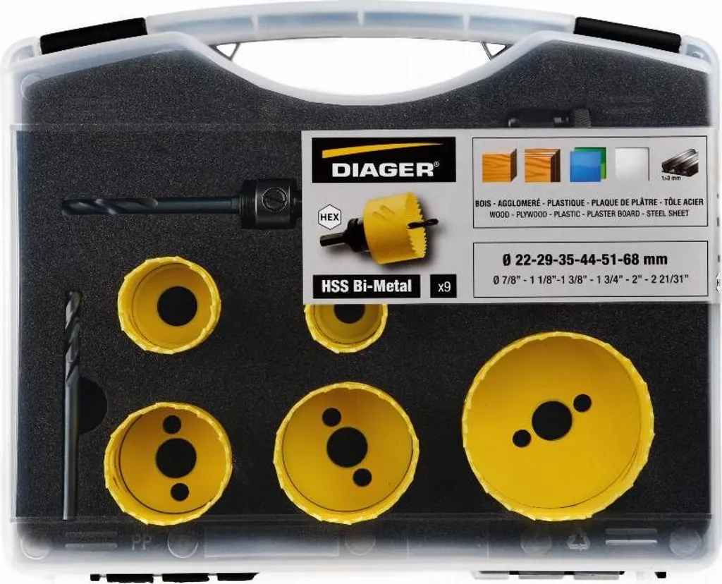 Mallette 6 scies cloche HSS DIAGER 651C avec accessoires de perçage