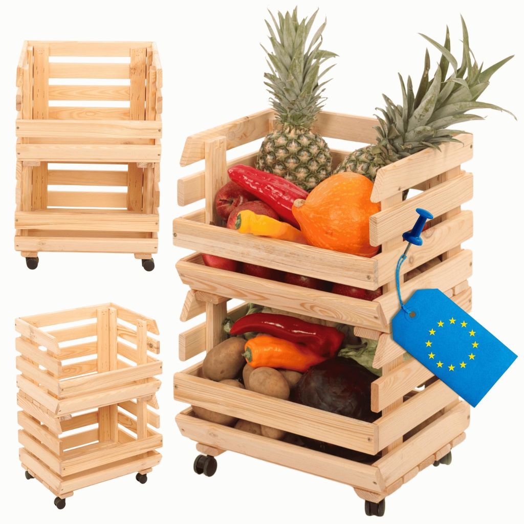 MODO24 Gemüseregal Holz, 2 Holzkisten, Kartoffelsteige, Obstregal, Rollenregal, Stapelbar, Vorratsregal, Massivholz Kiefer, 55x37x30 cm, Natur, RAWA