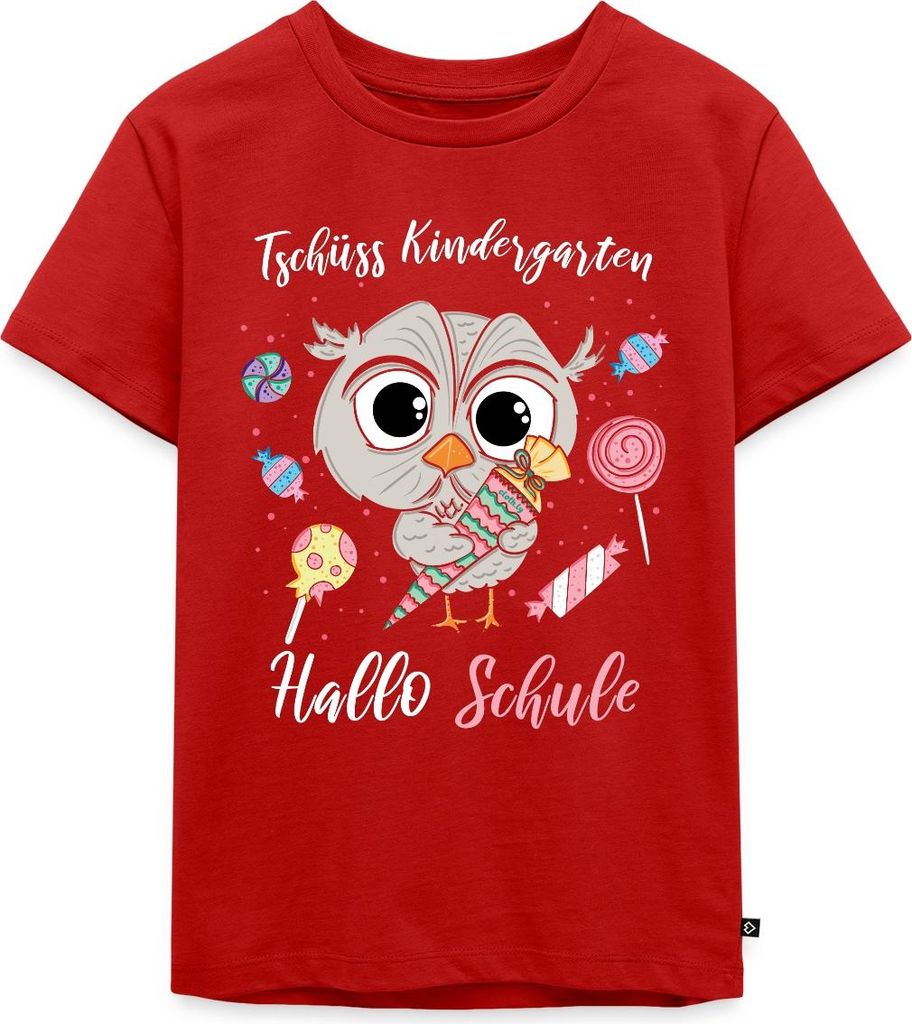 Spreadshirt Tschüss Kindergarten Hallo Schule Eule Kinder Premium T-Shirt, 98/104 (2 Jahre), Rot