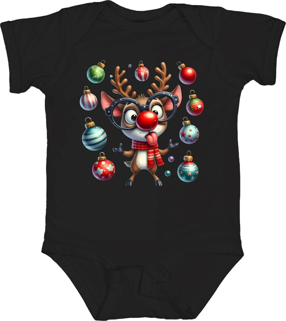Rudolph Rentier mit Brille rote Nase Weihnachten süß Cartoon Unisex Baby Body, Schwarz, 3/6