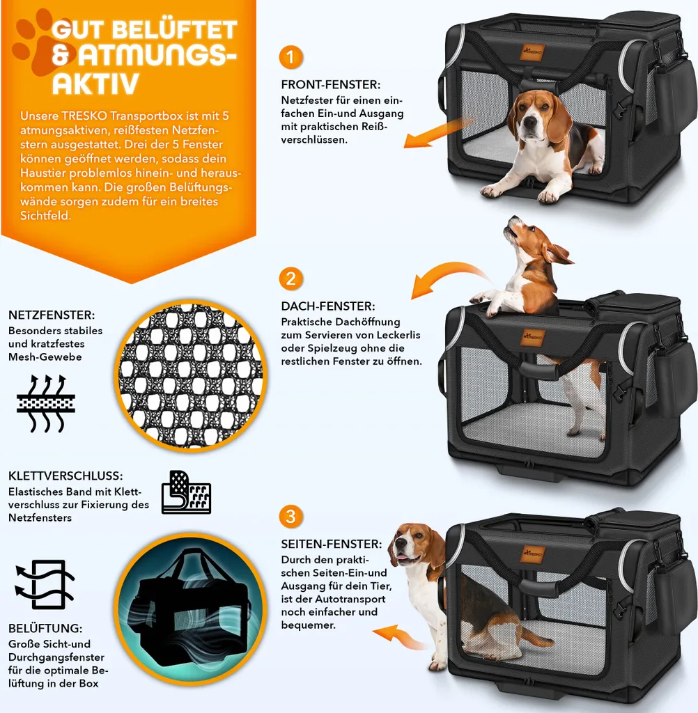 TRESKO® cassa per cani pieghevole nera (XXL 92x63x63cm) incl. tappetino per leccare, spatola e catarifrangenti | box di trasporto per cani e gatti | box di trasporto per cani di piccola e grande taglia | robusta borsa per cani - 5