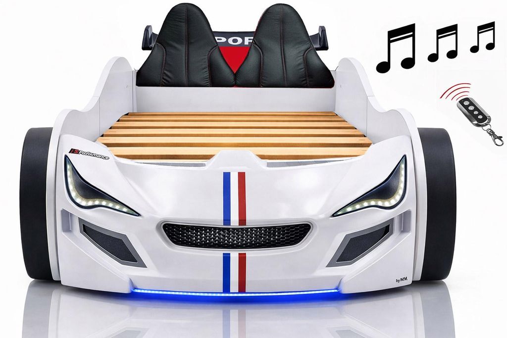 Autobett Kinder 90x200 Jungen LED Leuchte Unterbodenbeleuchtung Sound Fernbedienung, Farbe wählen:Weiß, Sportsitze:inkl. Sportsitze, Matratze:ohn...