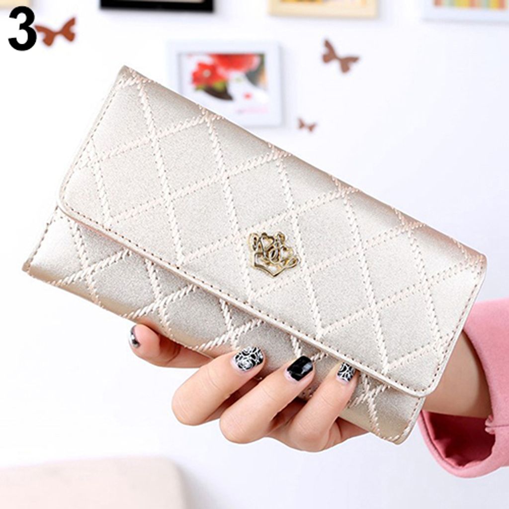 Damenmode Krone Rautenmuster Kunstleder Clutch Geldbörse Lange Geldbörse Gold