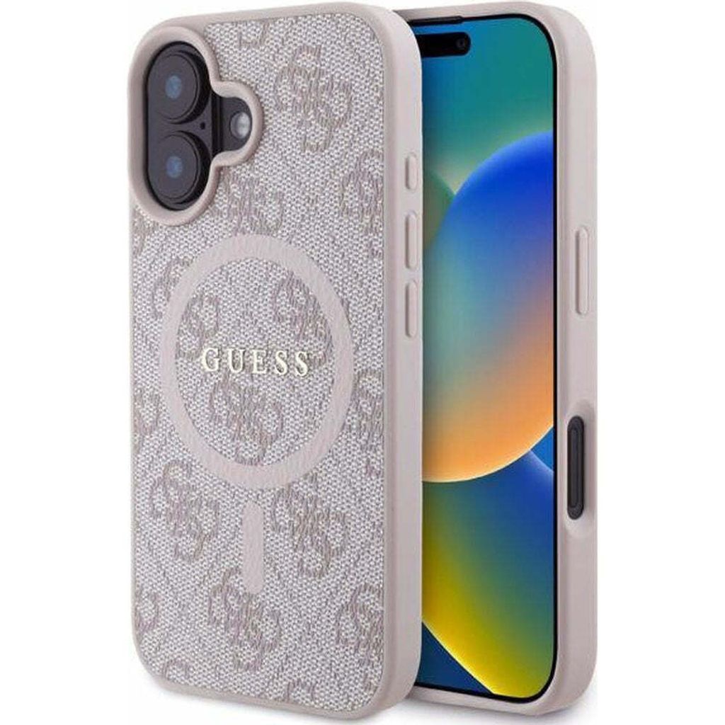 A close-up shot of an iPhone with a Guess brand case.
