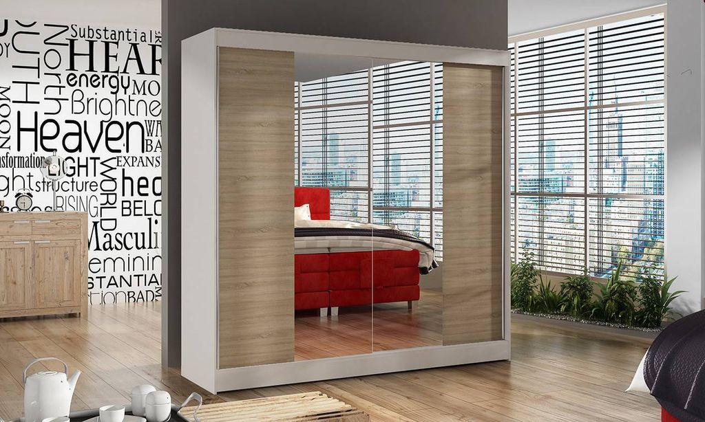 Schwebetürenschrank 2-türig Schrank 200 cm mit Regalen Moderne Kleiderschrank mit Spiegel Garderobe für Kleidung Modell BALI II WEISS / SONOMA