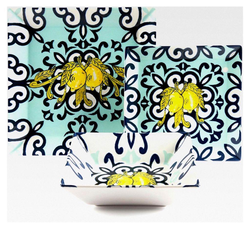 Tafelservice Amalfi aus Keramik, quadratisch, 18-teilig, mit Zitronen- und Blumendekor, Blau