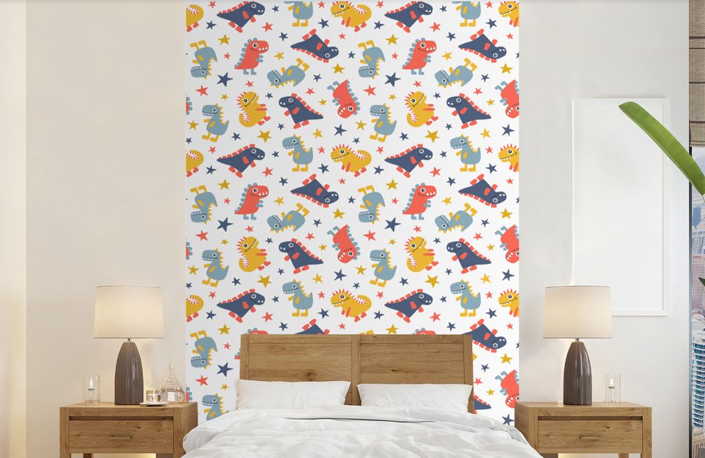 MuchoWow Fototapete für Wohnzimmer oder Schlafzimmer Wandtapete Vinyl Motivtapete Muster - Dino - Sterne - Jungen - Baby - Kinder - Kinder - 190...