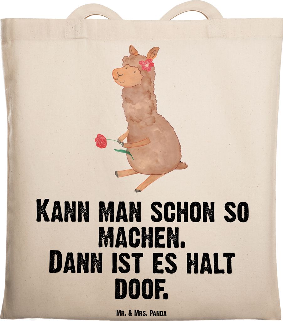 Mr. & Mrs. Panda Tote Bag Alpaka Blume - Transparent - Geschenk, Lama, dokumententasche, Spruch, Lamas, Laptoptasche, Schultasche, Uni Tasche