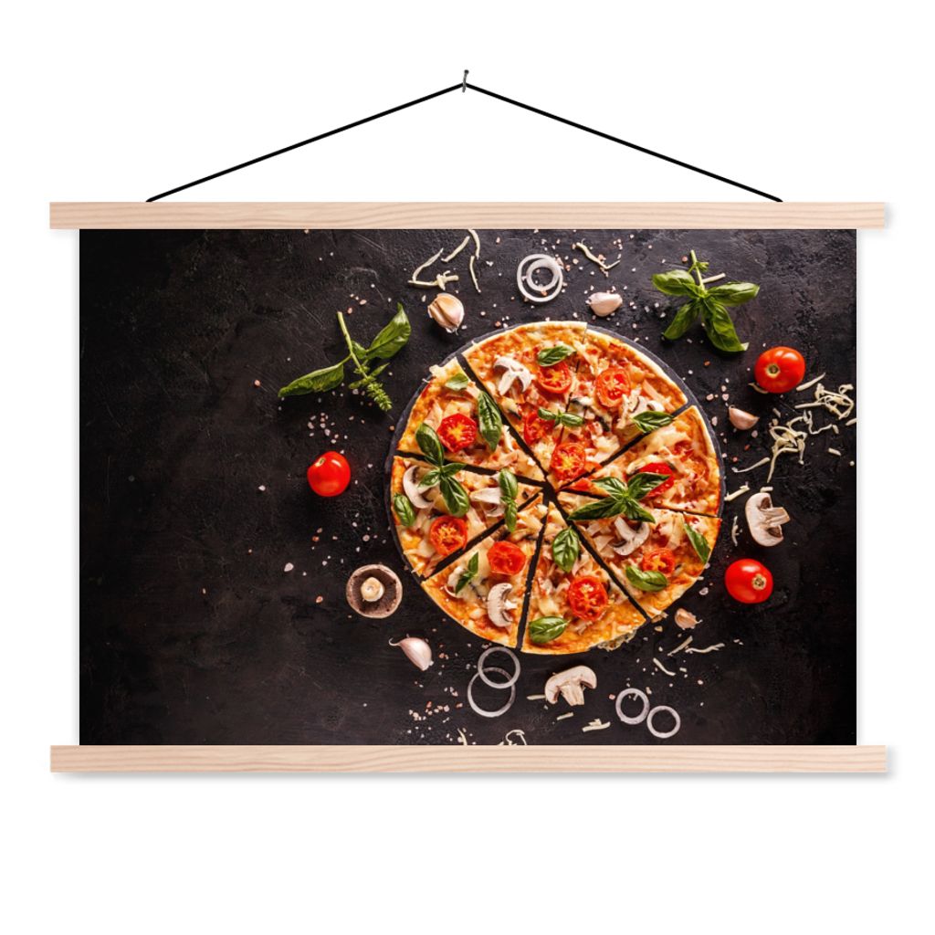 MuchoWow Textilposter Pizza - Gemüse - Kräuter - Küche - Industrie 60x40 cm mit holzfarbenen Rahmen - Bilder