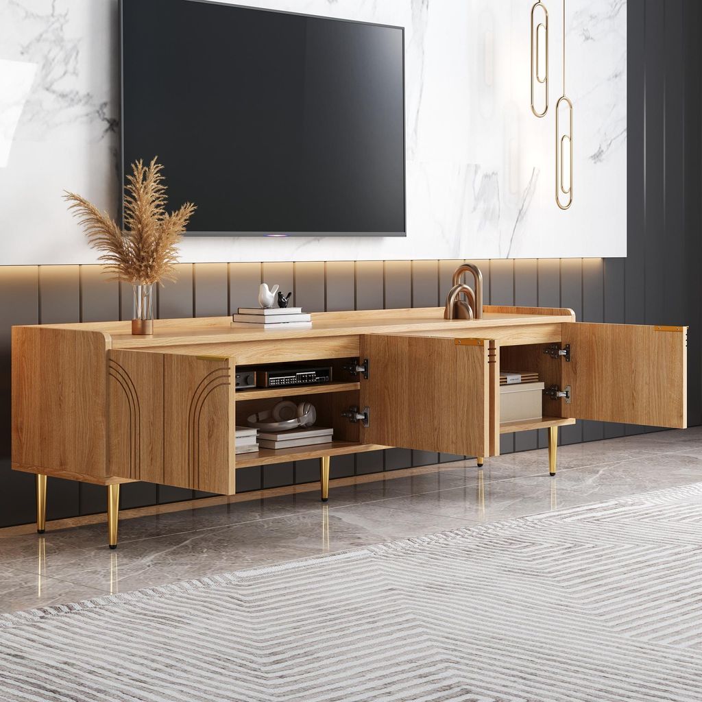 okwish TV-Schrank Fernsehschrank mit Goldgriffe und Metallbeine,Fernsehbank TV-Sideboard mit Kabeldurchführungen,Natur