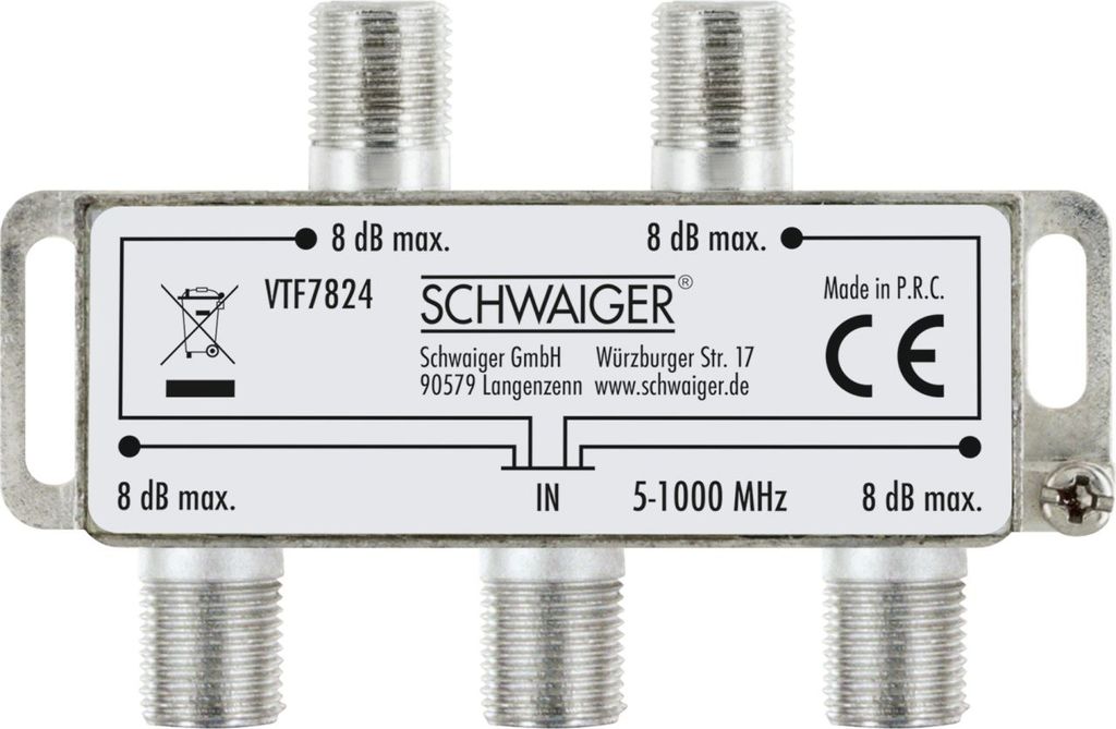 Verteiler 4-fach für Antennen- und Kabelanlagen 8 dB
