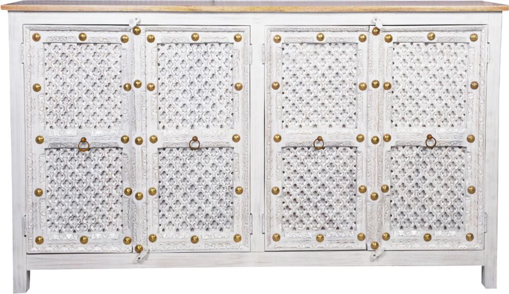 Orientalische Kommode Sideboard Hamdi 180cm Weiss Braun | Orient Vintage Kommodenschrank orientalisch Handverziert | Indische Landhaus Anrichte aus...