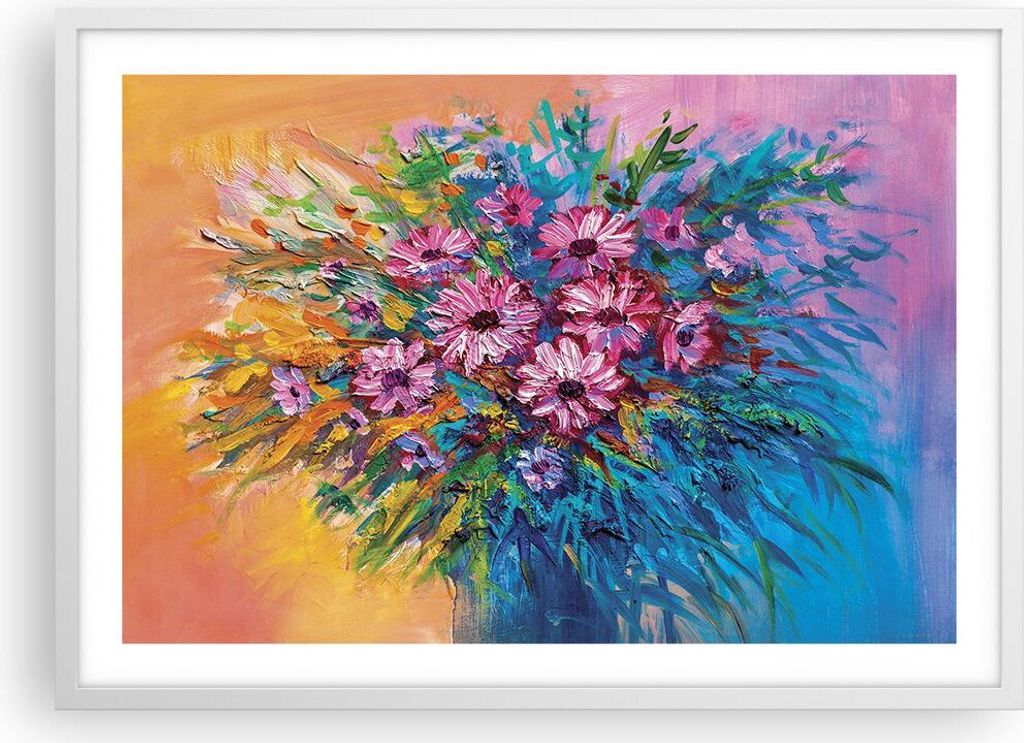 Gerahmtes Poster - Weißer Rahmen - Blumenstrauß Blumen Öl - 70x50 cm - Wand Bild - Wanddeko - Wandbilder - Kunstposter - Wandposter - Bilderrahm...