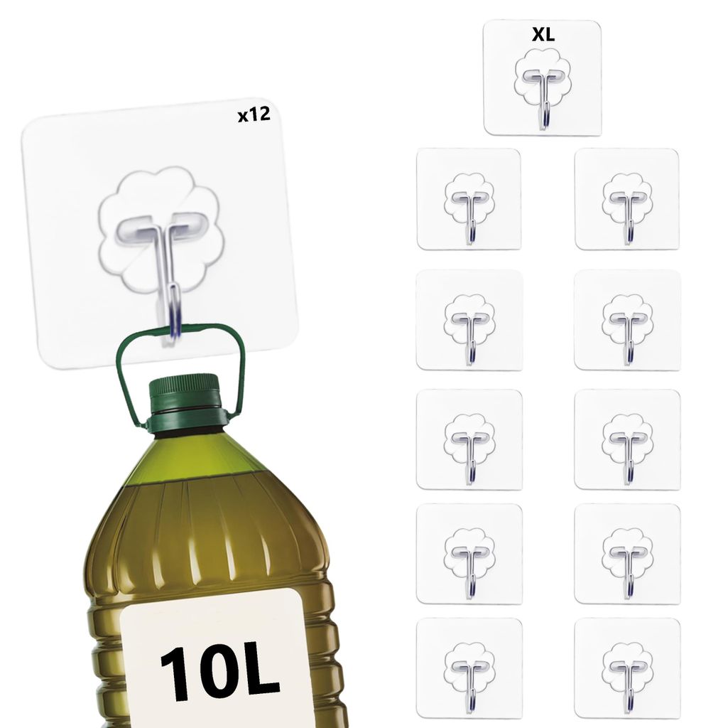 Selbstklebende Wandhaken, 12 XL, kein Bohren erforderlich, robust, transparent, aus Edelstahl, bis zu 10 kg, starke Klebekraft für Bad, Küche, Ha...