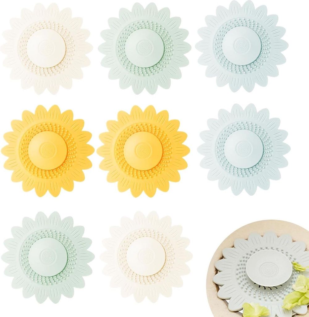 Haarzeef Waschbecken Sonnenblumenform - 8 Stück, 4 Farben, rutschfester Doppel-Filterstopfen - für Spüle in Küche, Bad und Waschküche - enge P...